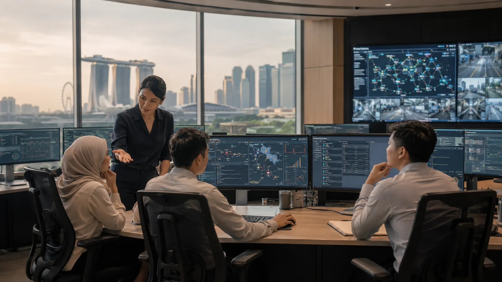 Operations team working with multiple displays in a control-room environment.