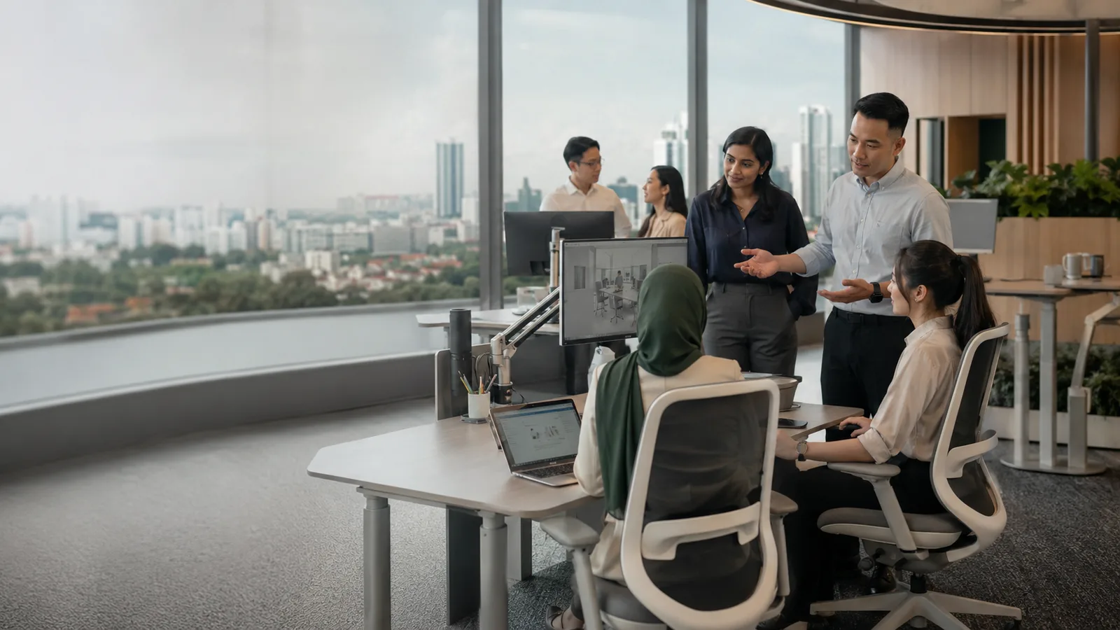 A diverse team collaborating in a contemporary workplace.