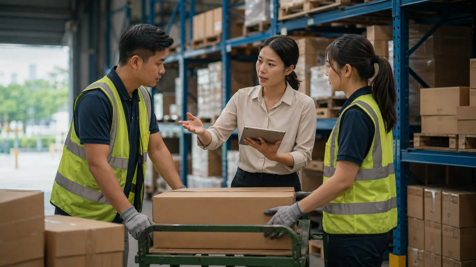 Warehouse workers discussing manual handling and work design.